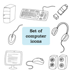 Vector set with computer icons, keyboard, speakers, monitor, personal computer