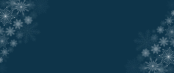 Winter navy blue background with snowflakes. Silver snowflakes on dark background. Luxury vector snowflakes scattered horizontal banner for sale, social media and more. Copy space for your text.