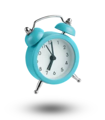 Foto op Canvas Isolated blue alarm clock flying over white background. © Tania