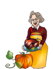 Grandma with a Thanksgiving roast turkey pumpkin pie smiling face