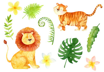 Watercolor baby animal jungle illustration, safari animals. Lion graphics, tiger wild animal graphic collection. Africa zoo animals illustration