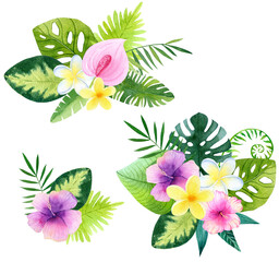 Fototapeta premium Watercolor frame, tropical flowers and leaves. Jungle flower bouquets. Safari exotic greenery cute childish baby shower illustration. Floral summer isolated wreath. Monstera banana leaves border
