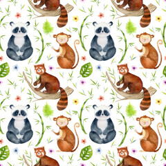 Watercolor jungle seamless pattern. Safari background, jungle baby animal illustration. Monkey, panda wild animal graphic collection. Exotic birds and flowers