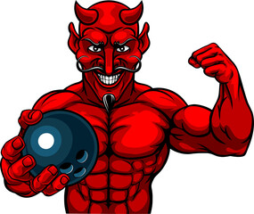 Devil Bowling Sports Mascot Holding Ball