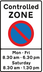 Entrance to controlled parking zone, The Highway Code Traffic Sign, Signs giving orders, Signs with red circles are mostly prohibitive. Plates below signs qualify their message.