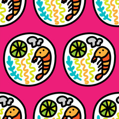 Cup of noodles ramen hand drawn seamless pattern traditional korean food