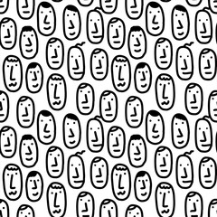 Happy expressive smiling faces people crowd hand drawn seamless pattern feelings emotions