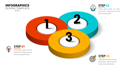 Infographic template. 3 connected isometric circles with numbers