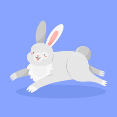 Cute running or jumping gray rabbit isolated on the background. Vector illustration with a hare character. 2023 is the year of the rabbit.