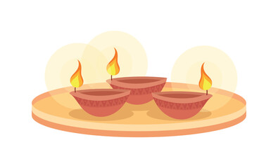 Burning oil lamps on tray semi flat color vector objects. Editable elements. Full sized items on white. Diwali symbol simple cartoon style illustration for web graphic design and animation