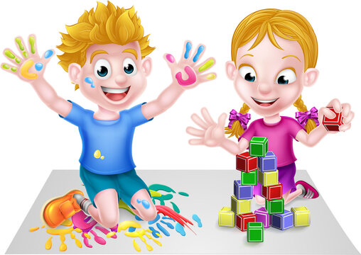 Cartoon Boy and Girl Playing With Blocks and Paint