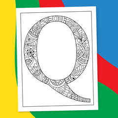 A to Z Hand-drawn Mandala Alphabet letter Coloring page. alphabet letter flower coloring book pages. A-Z letter mandala coloring page doodle