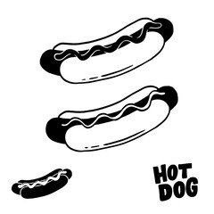 Hand drawn hotdog doodle. Tasty illustration of sausage with bun.