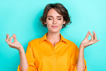 Photo of young pretty adorable gorgeous nice perfect lady closed eyes dreamy fingers pose...