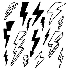 Hand drawn lightning and thunder bolts. Vector collection of drawn lightning illustrations. Sketch symbol electric lightning bolt.