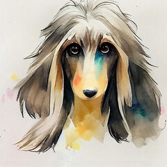 Afghan Hound. Adorable puppy dog. Watercolor illustration with color spots. All dog breeds