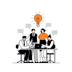 The concept of join teamwork, brainstorming, discussing ideas for project. People meeting at desk in office. Vector illustration for co-working, teamwork, workspace concept