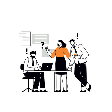 The concept of join teamwork, brainstorming, discussing ideas for project. Planning and analysis of results. Vector illustration for co-working, teamwork, workspace concept
