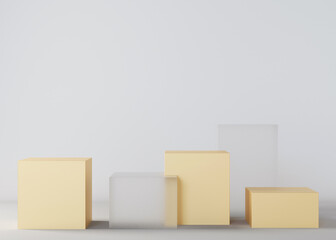 Golden and transparent podiums set for product, cosmetic presentation, on gray background. Mock up. Pedestal or platform for beauty products. Empty scene. Copy space for logo, or text. 3D rendering.