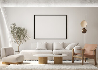 mock up poster frame in modern interior background, living room, Scandinavian style, 3D render, 3D illustration