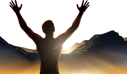 Man in silhouette arms raised on mountain