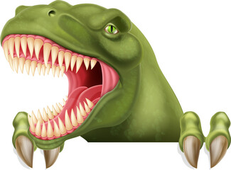 Dinosaur T Rex Peeking Over Sign Cartoon © Christos Georghiou