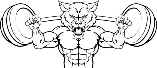 Fototapeta na wymiar Wolf Mascot Weight Lifting Barbell Body Builder