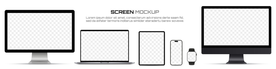 Screen mockup devices. Computer monitor, laptop, tablet, smartphone, smart watch