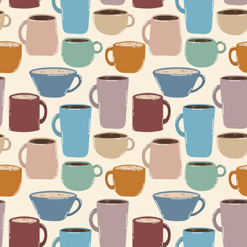 Seamless pattern with different coffee mugs on beige background in flat style.