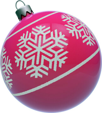 Pink retro Christmas ornament with snowflake design isolated on transparent background. 3D illustration render.
