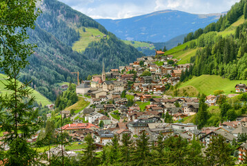Panoramic view of the village of Santa Cristina Valgardena, South Tyrol, Italy