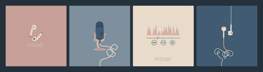 Set of illustrations for podcast cover design. Studio microphone, audio player equalizer, wireless and wired headphones. Vector EPS 10.