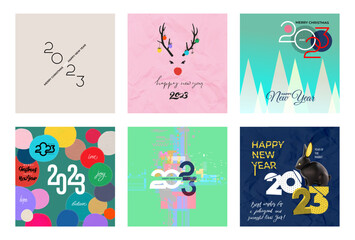 2023 New Year design template with typography logo and lettering. Minimalistic modern background for cover, banner and card. Collection of 2023 Happy New Year symbols. Vector isolated on background.