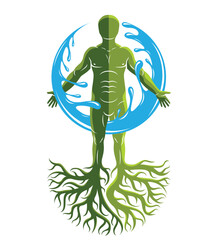 Vector graphic illustration of muscular human, individual created with tree roots and surrounded by a water ball. Body cleansing idea, alternative medicine theme picture.