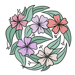 Hand drawn illustration of flowers leaves in round circle shape. Floral minimalist design in green pink violet color, summer spring garden decor, botanical romantic wild flowers in bloom blossom.