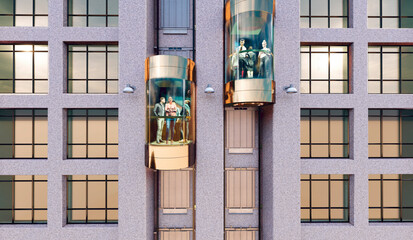 People move in the outdoor elevators of a multi-storey municipal building