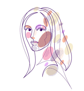 recommend clip art: Beautiful face of attractive woman vector linear drawing, sensitive emotional line art adult girl portrait, feminine abstract face line art.
