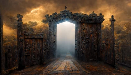 Fotobehang an open portal to an alien world in a deep green forest. Ancient gate to a distant place. Magic of ancient peoples.  3d render, Raster illustration. © Яна Деменишина