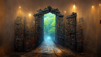 an open portal to an alien world in a deep green forest. Ancient gate to a distant place. Magic of ancient peoples.  3d render, Raster illustration. - obrazy, fototapety, plakaty