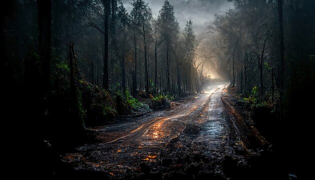 road through dark green forest after rain,  3d render, Raster illustration.