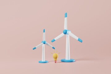Wind turbine, windmill and light bulb on pink background. Energy, conservation, natural resource. 3d rendering