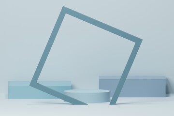 Blue color style pedestal podium in cylinder and cube shape with abstract frame backdrop. Cosmetic or beauty product display. 3d rendering