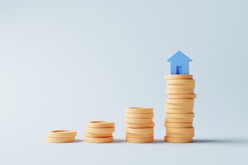 Blue house model with stacking coins on blue background. Money savings for buying new house, Real estate business investment concept. 3d rendering