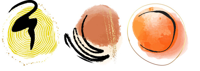 Asbtract shape orange circles vector design, modern geometric banner cute watercolor texture with golden texture. Round graphic geometry art . Bright poster doodle