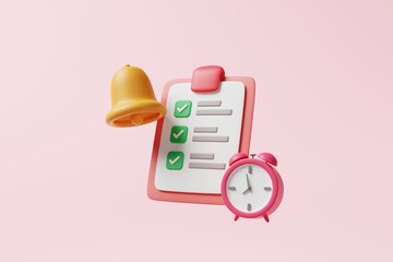 Pink clipboard with checklist paper sheet green checkbox correct check mark and alarm clock, bell on pink background. Completed checkmark choice box task list for business planning. 3d rendering