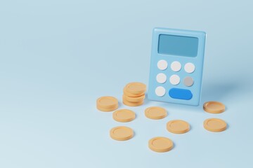 Minimal style math financial calculator with stacking coins on blue background. Business investment budget balance, income tax, economy analysis, money savings, accounting work concept. 3d rendering