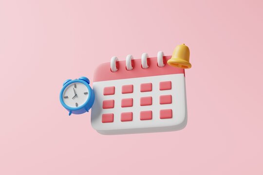 Minimal monthly calendar with blue clock and alarm bell notification icon on pink background. Business appointment, meeting schedule agenda planning. daily job, event reminder concept. 3d rendering