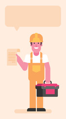 Builder holding suitcase with tools and holding document