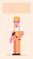 Builder three quarters face holding small hammer