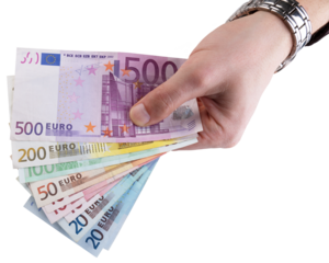 Two hands of people exchange a money notes to buy and sell.